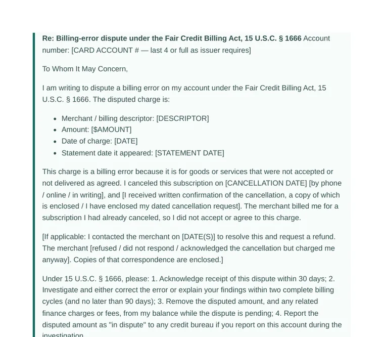 Sample billing-error dispute letter with fill-in placeholders