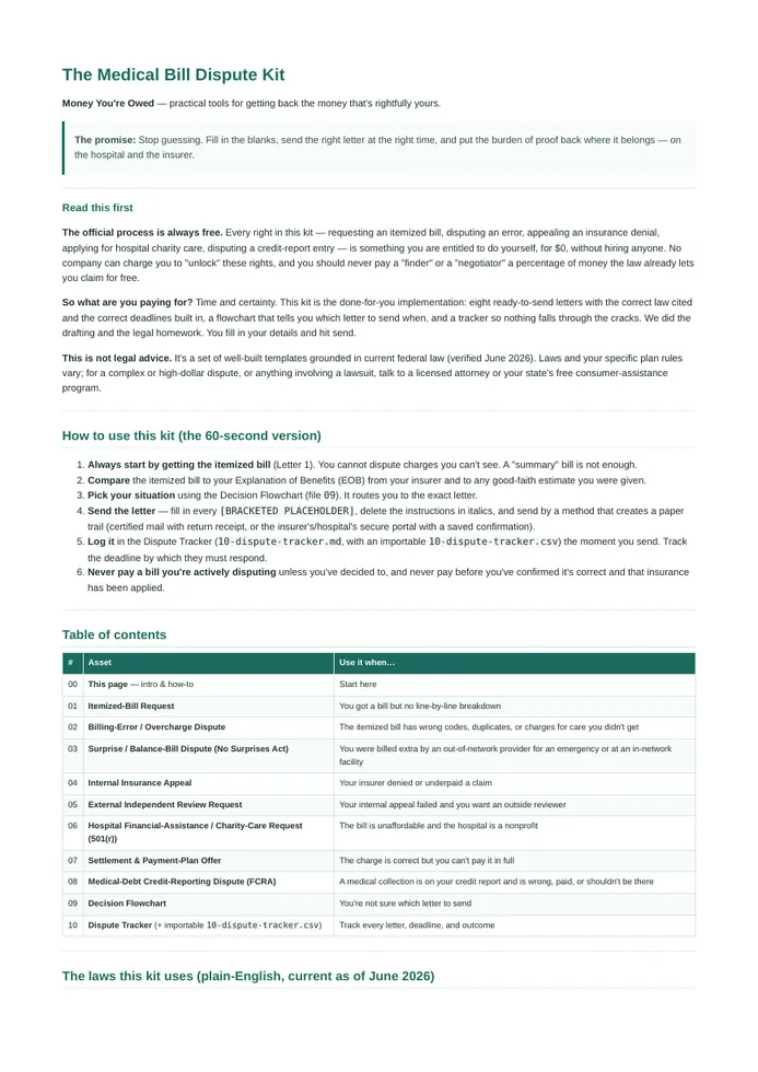 Sample Medical Bill Dispute Kit contents page with green section table